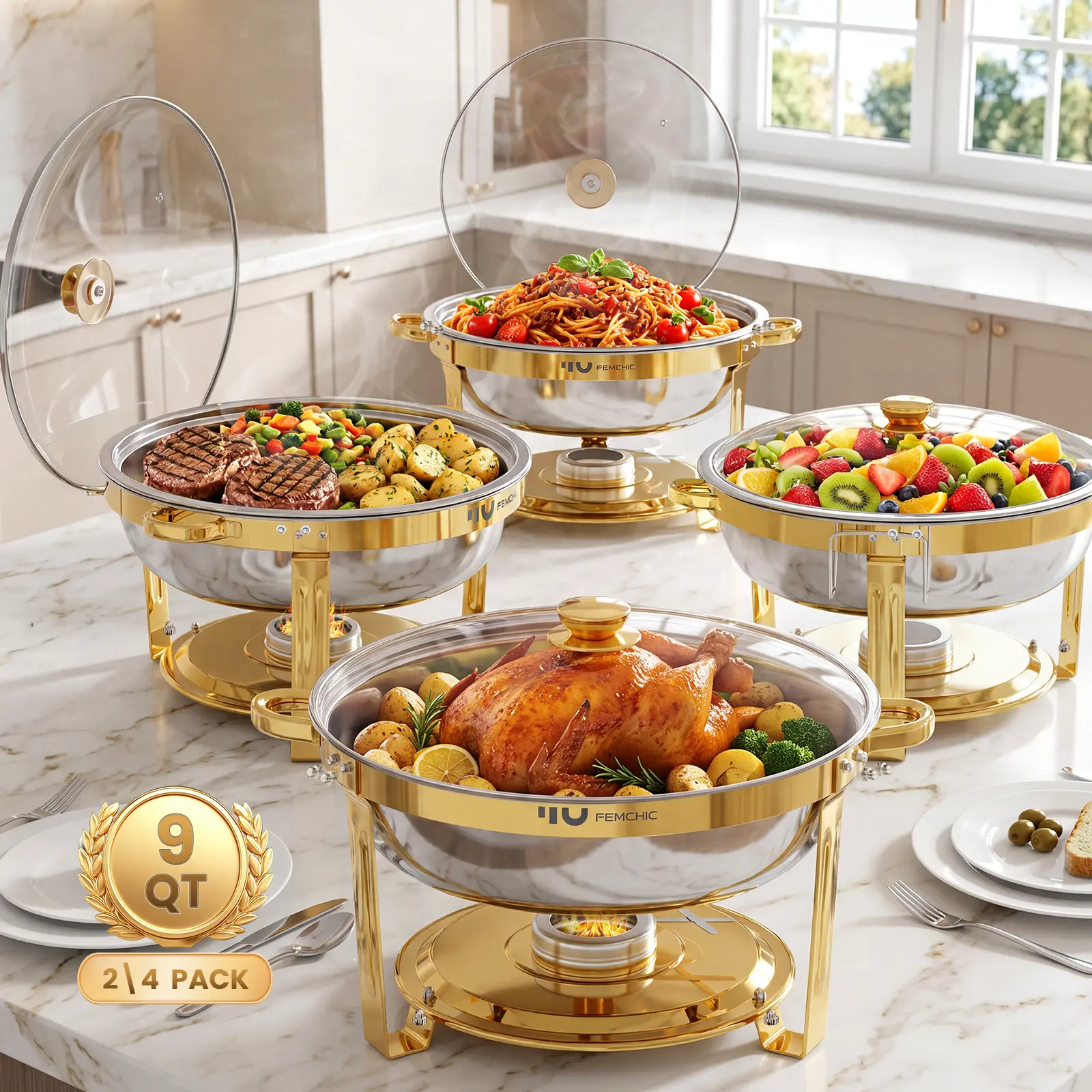 【Backtoschool】Femchic 9QT Gold Chafing Dish Buffet Set with Glass Lid, 2/4 Pack Stainless Steel Round Chafer Set, Stackable & Smooth Rim, for Commercial Catering, Family Gatherings, Homecoming Parties & Catering