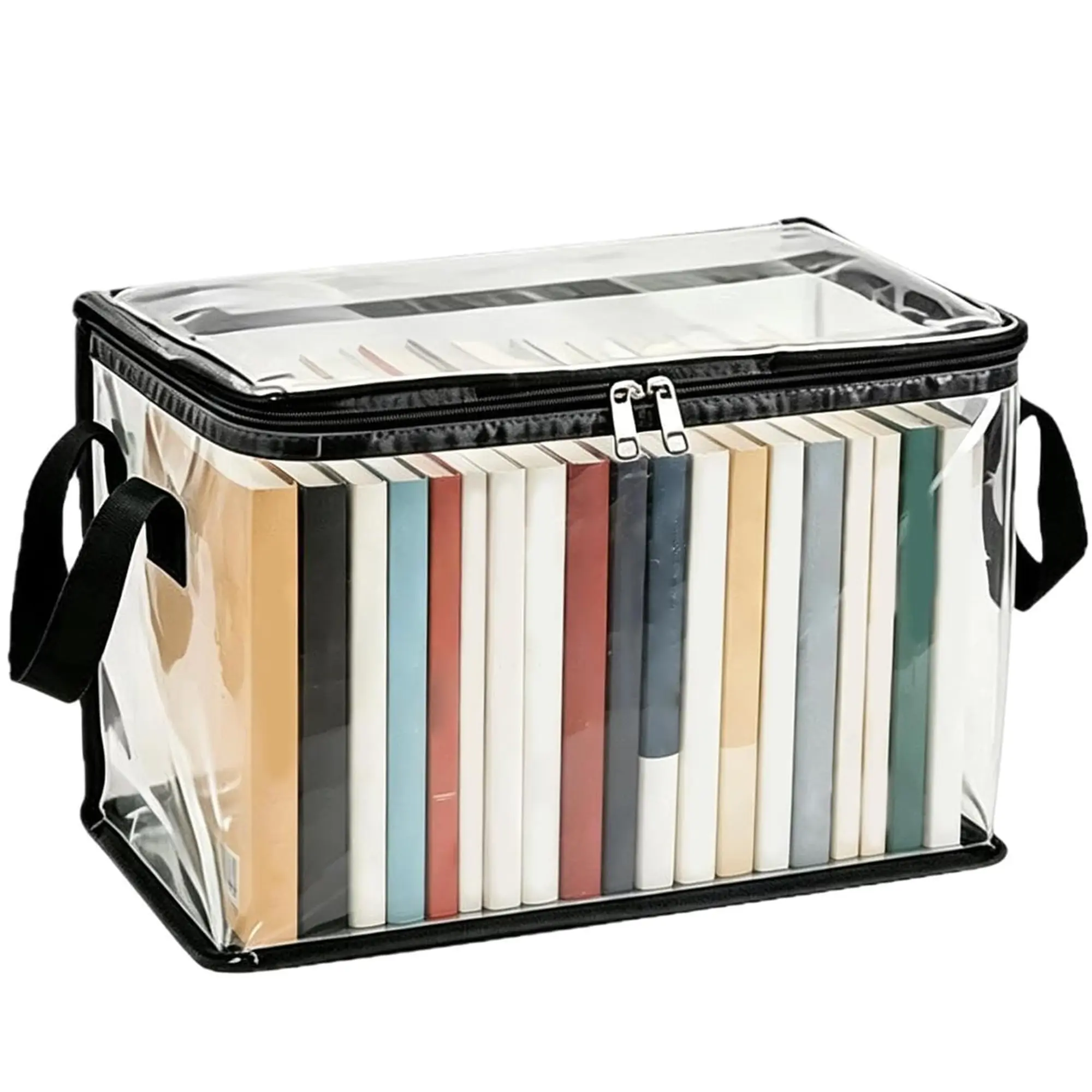 Clear Book Storage Bag, Waterproof Zippered Comic Books Organizer Collapsible Book Display Case with Lid and Reinforced Handle for Book DVD Blu Ray Disc Clothing