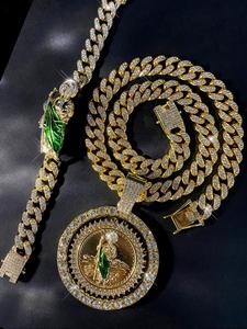 rhinestone decorated saint jude rotatable pendant necklace & charm bracelet, fashion jewelry for party, daily decor, trendy all-match & exquisite jewelry for birthday gift