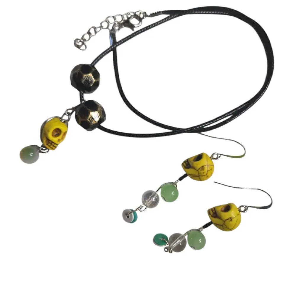 Skeleton Jewerly Set of Necklaces and Earrings with Unique Yellow and Green Beads on Black Cord Spiral Pendant Necklace with Spiral Earrings Set