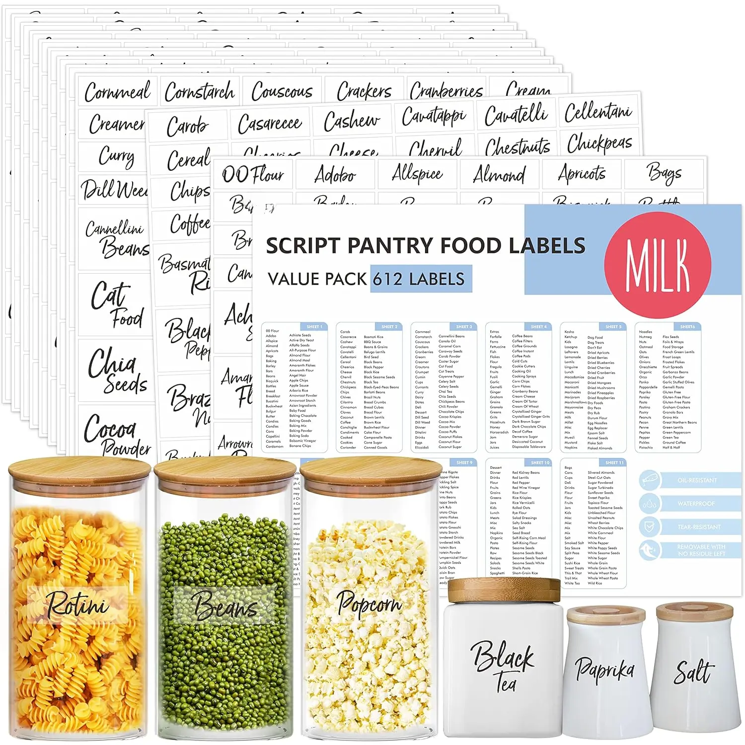 612 Script Pantry  Labels, Water & Oil Resistant Pantry Label Stickers  Jar Label for Organization and Storage