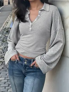 Elegant Women's Buttoned Collar Loose Casual T-Shirt, Batwing Sleeve Waist Cinching Slim Fit Knit Top, Spring & Fall Streetwear, Knitwear