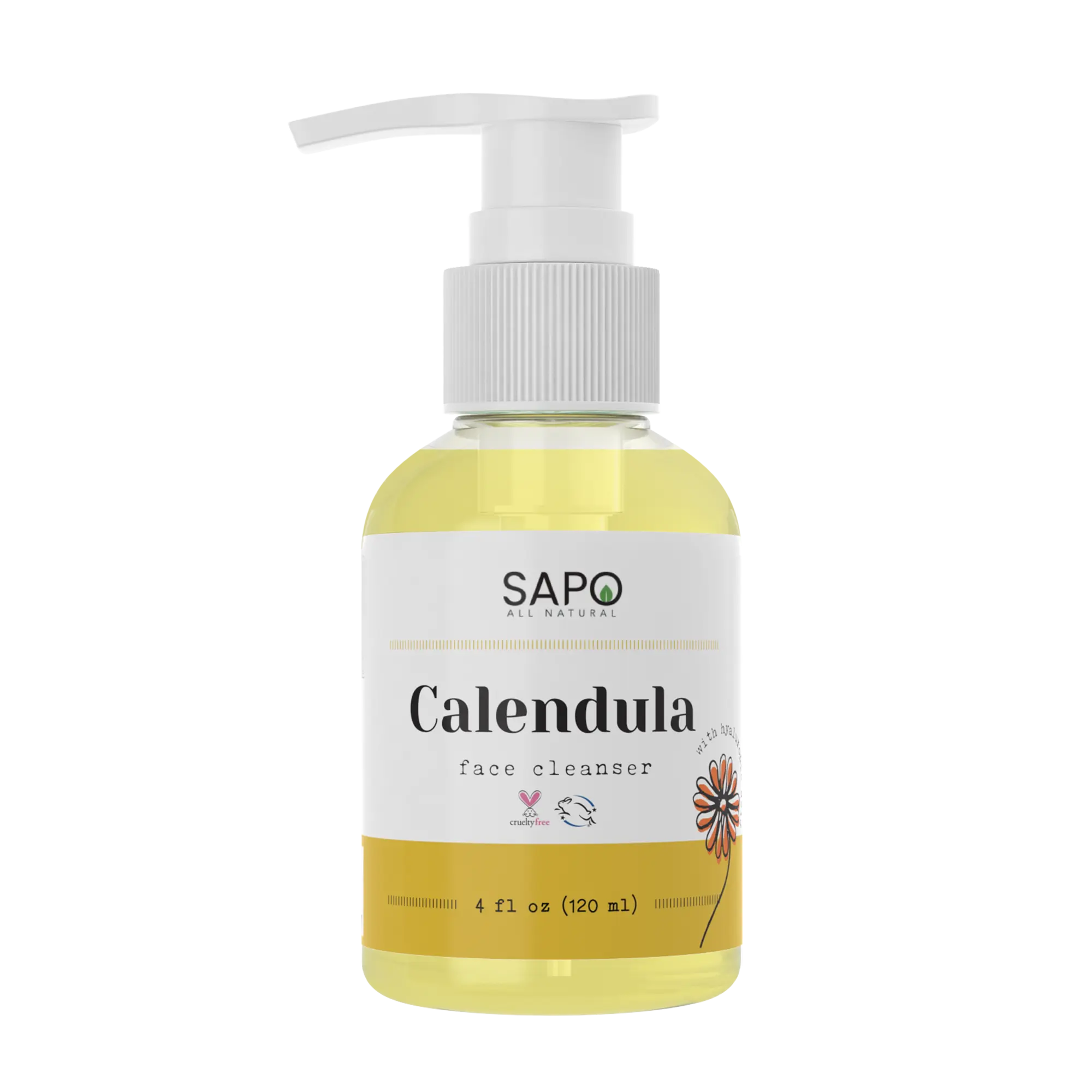 Sapo All Natural Calendula Face Cleanser - Hydrating Creamy Facial Wash with Hyaluronic Acid, Coconut Oil & Glycerin - Calming, Moisturizing & Vegan For Dry, Oily, Sensitive or Irritated Skin - 4 oz