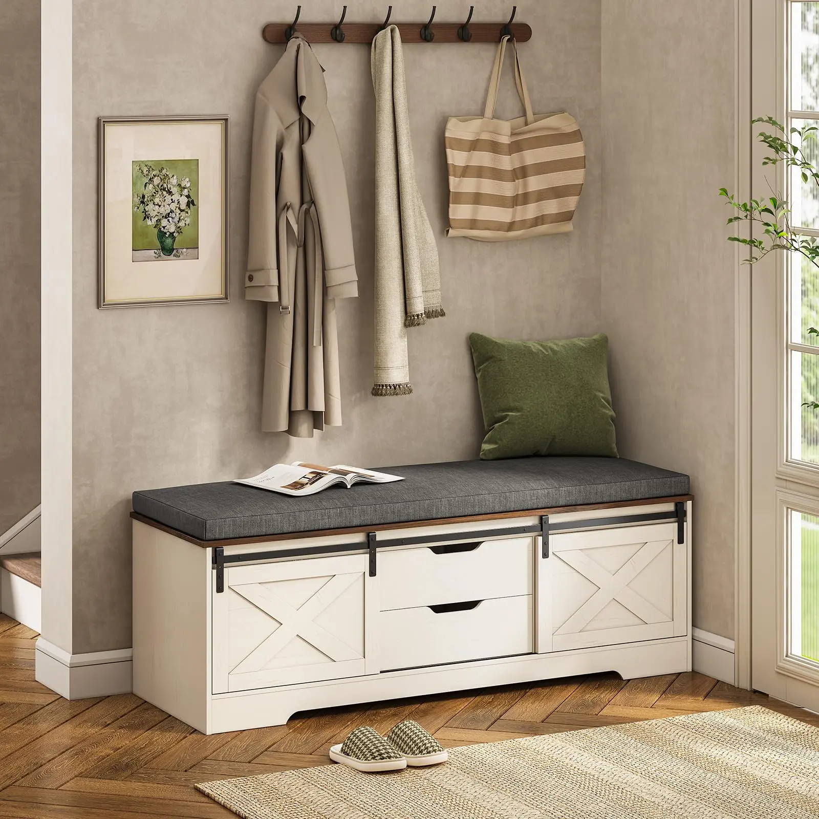 60-Inch Rustic Wood Single-Seat Farmhouse Storage Shoe Bench with Cushion, 2 Slide Barn Doors, 2 Drawers, Adjustable Shelf, Side Shelves, Hallway Indoor Furniture (White Brown), 60 Inches