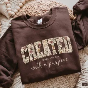 Gildan Created With a Purpose Jesus Crewneck Sweatshirt, Floral Bible Inspired Sweater, Faith Based Christian Apparel, Meaningful Gift for Women