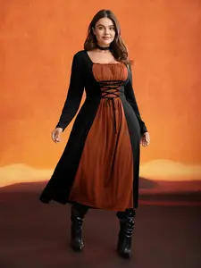 【Summer Turn-Up】Bloomchic Stretchy Knit Adjustable Tie Frill Trim Midi Dress Casual Long Sleeve Square Neck Cocktail Style Summer Plain Prints Black Coral Red Violet ArmyGreen 2026 Summer Pick for Mother's Day