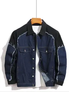 Men's Fashion Patchwork Denim Jacket, Casual Ripped Jacket, Street Style High-End Fringe Design, Loose Fit Long Sleeve Jean Coat for Daily Wear