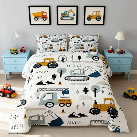 Feelyou Cartoon Construction Themed Duvet Cover Set - Lightweight All-Season Single Boys' Bedding, White-Yellow Truck Excavator Tractor Patterns, Travel-Friendly Decorated Duvets & Sets, Tractor-Themed Fun Truck Art Gift Option,familyfun