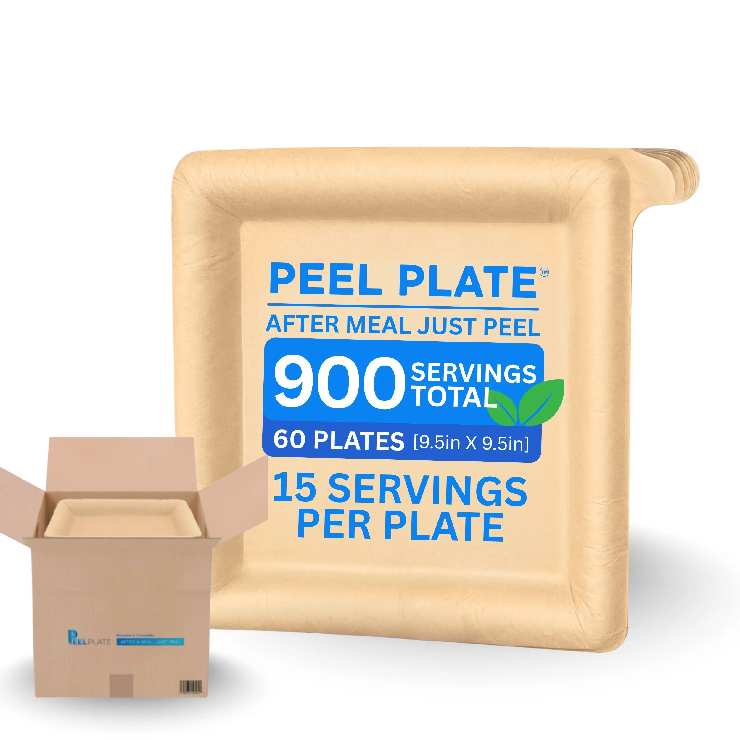 Peel Plates - One Year Supply Box - 60 Large Plates 900 Servings Total [9.5in X 9.5in] - 15 Servings Per Plate - Reusable Paper Plates Disposable Dinnerware Set, Heavy Duty Disposable Plates