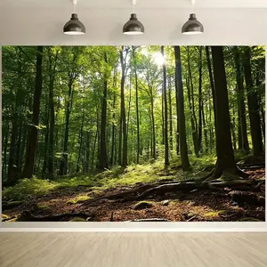 1PC 2D Flat Forest Scenery Tapestry Wall Mural, Polyester Reusable Decoration Cloth with Sunlight-Penetrating Trees, Green Plants, Wall Hanging for Living Room, Birthday Photography Backdrop Prop