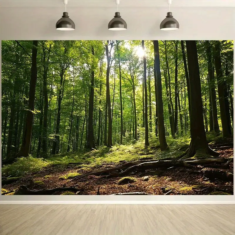 1PC Polyester 2D Flat Forest Scenery Tapestry Wall Mural - Reusable Decoration Cloth with Sunlight-Penetrating Trees, Green Plants, Wall Hanging for Living Room, Birthday Photography Backdrop Prop