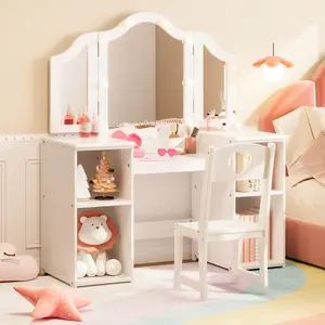 GARVEE Princess Theme MDF Wood Makeup Vanity Set for Girls - 46x41x16 in, Triple-Fold Mirror, Touch Light, High-Back Chair, Storage, Convertible Computer Desk, Tri-Fold Mirror