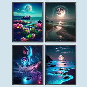 Beach & Moon Pattern DIY Handicraft Diamond Arts Colorful Painting Kit without Frame, 4 Counts/set DIY 5D Diamond Arts Colorful Painting Kit, Wall Art Decor for Home, Diamond Painting Kits