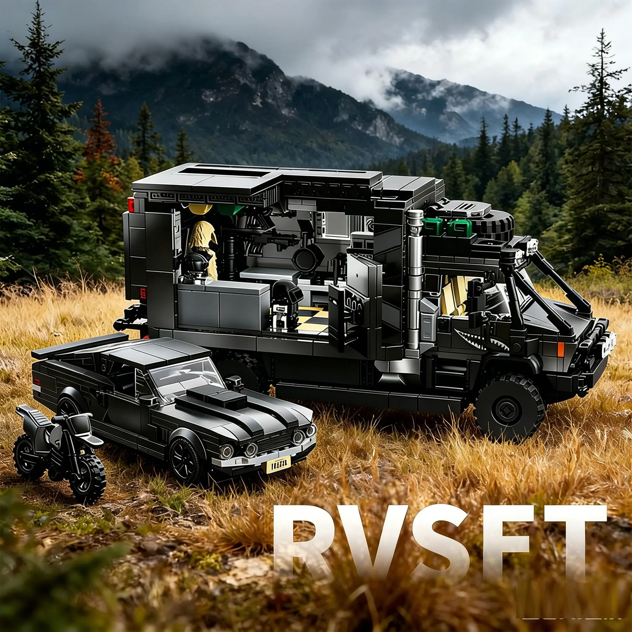 RV Building Block Set, Model Building Blocks, Detachable Trailer Shape, RV, Car, Motorcycle Models, Desktop Decoration, High Difficulty Adult Toy, Collection Gift, Collectible Building Blocks