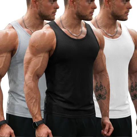 LEHMANLIN Men's Fitted Mesh Printed Polyester Blend Medium-Length Y-Back Athletic Tank Top - Quick-Dry, Figure-Enhancing for Fitness, Hiking, Running