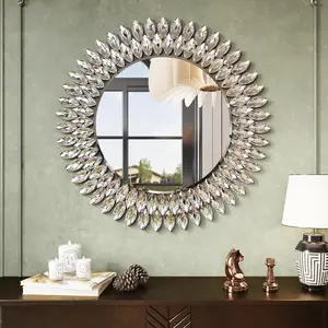 Round Jeweled Mirror for Wall Decor, 26 in Modern Decorative Wall Mirror with Luxury  Beveled  Mirror for Bedroom Dresser, Living Room Table, Bathroom, Hallway, Entryway