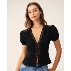 Rihoas Women's Casual Hip Puffed Polyester Shirt - Basic Black Jacquard Lace Button Blouse, Spandex Fabric, Women's Clothes