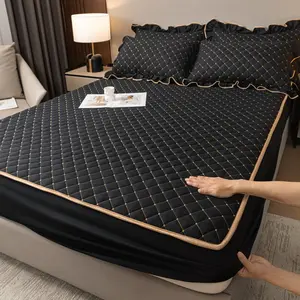 3pcs Pure Color Quilted Bedding Set, Includes 1 Fitted Sheet & 2 Pillowcases, Soft Breathable Mattress Protector, Breathable Sheets, Bedsheet, All Seasons Use, Bedset