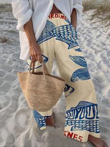 women's fish print pocket wide leg pants, loose boho casual comfy trousers for daily holiday vacation wear, ladies bottoms for summer, baggy pants, womenswear