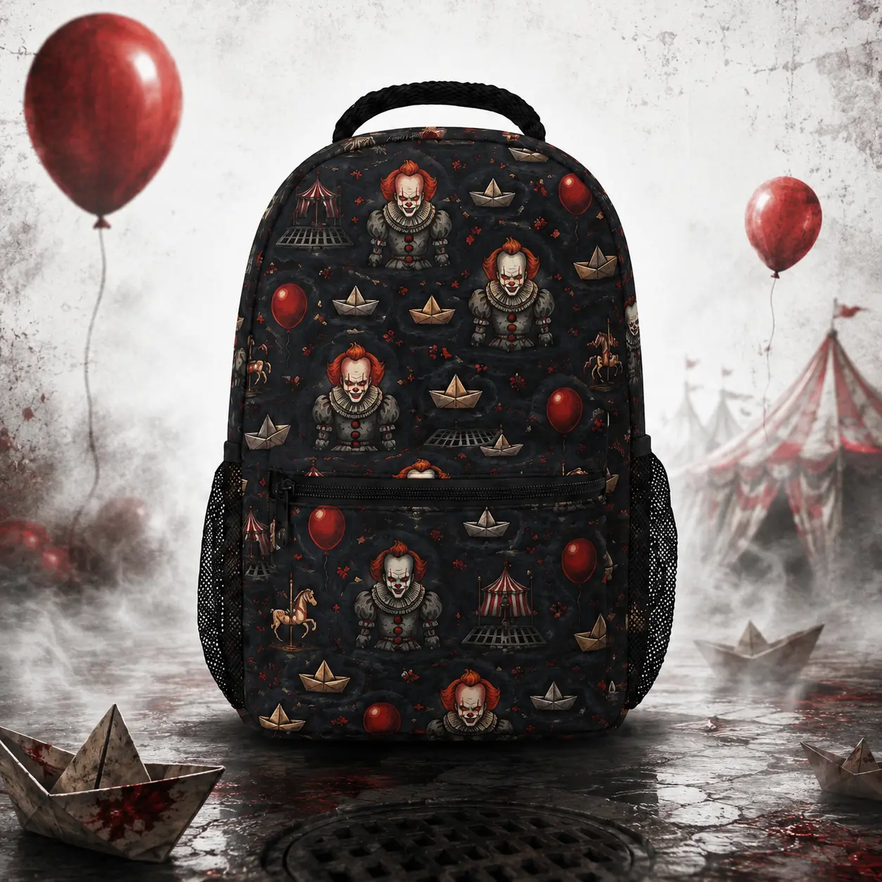Horror Clown Black School Backpack Bookbag, Gothic Circus Print Bag with Front Zipper Pocket, Dual Side Mesh Pockets and Adjustable Straps for Halloween Travel,cool,packs,business,,3-piece,set,,multi-pocket,,outdoor,sport,Cartoon,Casual Travel Backpack