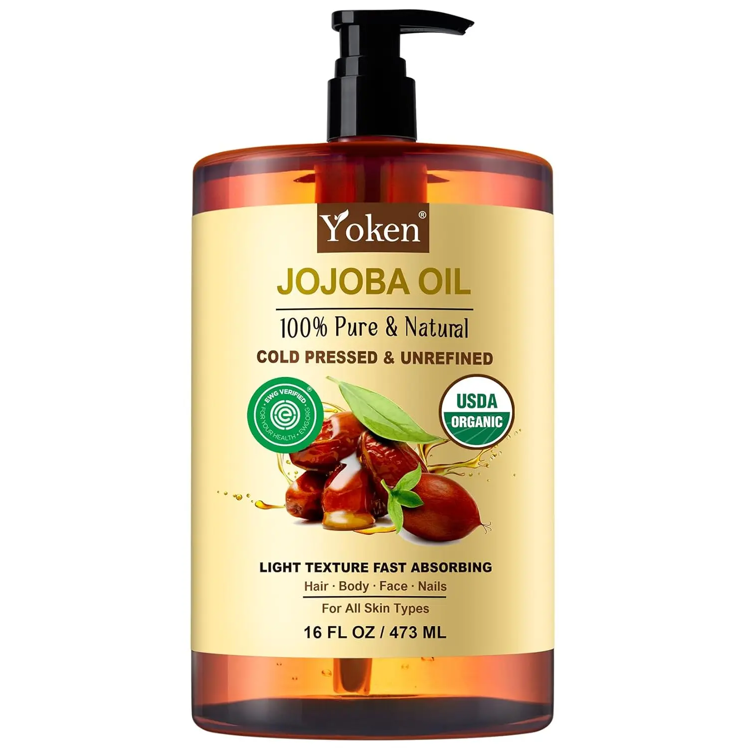 Yoken Pure Jojoba Oil Organic USDA Certified, 100% Natural Jojoba Oil for Hair, Skin & Face, Cold Pressed Unrefined, Deeply Body Moisturizer Jojoba Carrier Oils for Essential oil Mixing