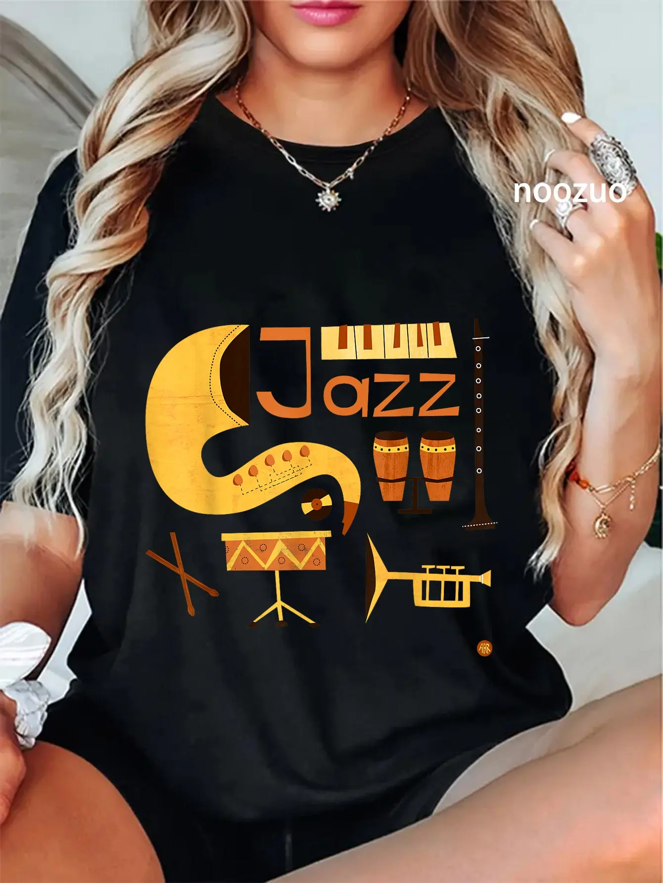 Women's Vintage Jazz Music Graphic T-Shirt - 100% Cotton, Short-Sleeve, Round Neck, Casual Fashion Top with Jazz Music Symbols, All Seasons Streetwear Everyday Wear