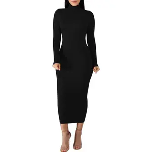 Women's Sexy Basic Long Sleeve Turtleneck Bodycon Party Long Pencil Dress Formal Womenswear Black Chic Elegant Minimalist Fit Statement Style Workwear