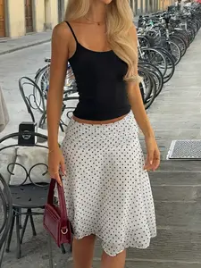 Elegant French Style Summer Polka Dot Skirt, Lightweight Drapey Waist Fold Hem, Irregular Half-Sleeve Design, Women's Fashion Dress, Bottoms