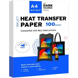 Iron- Heat Transfer Paper for Dark Fabric 100 Pack 8.3"x11.7" T-Shirt Transfer Paper for Inkjet Printer Wash Durable, Long Lasting Transfer, No Cracking