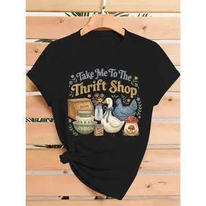 Women's Bohemian Thrift Shop T-Shirt - Short Sleeve Crew Neck Casual Top with Print, Minimalist Suitable for Spring Summer Fall Office Commute & Birthday Gift, Machine Washable Casual Attire Thrift Outfits for Errands and Outings, Knit, Seamless