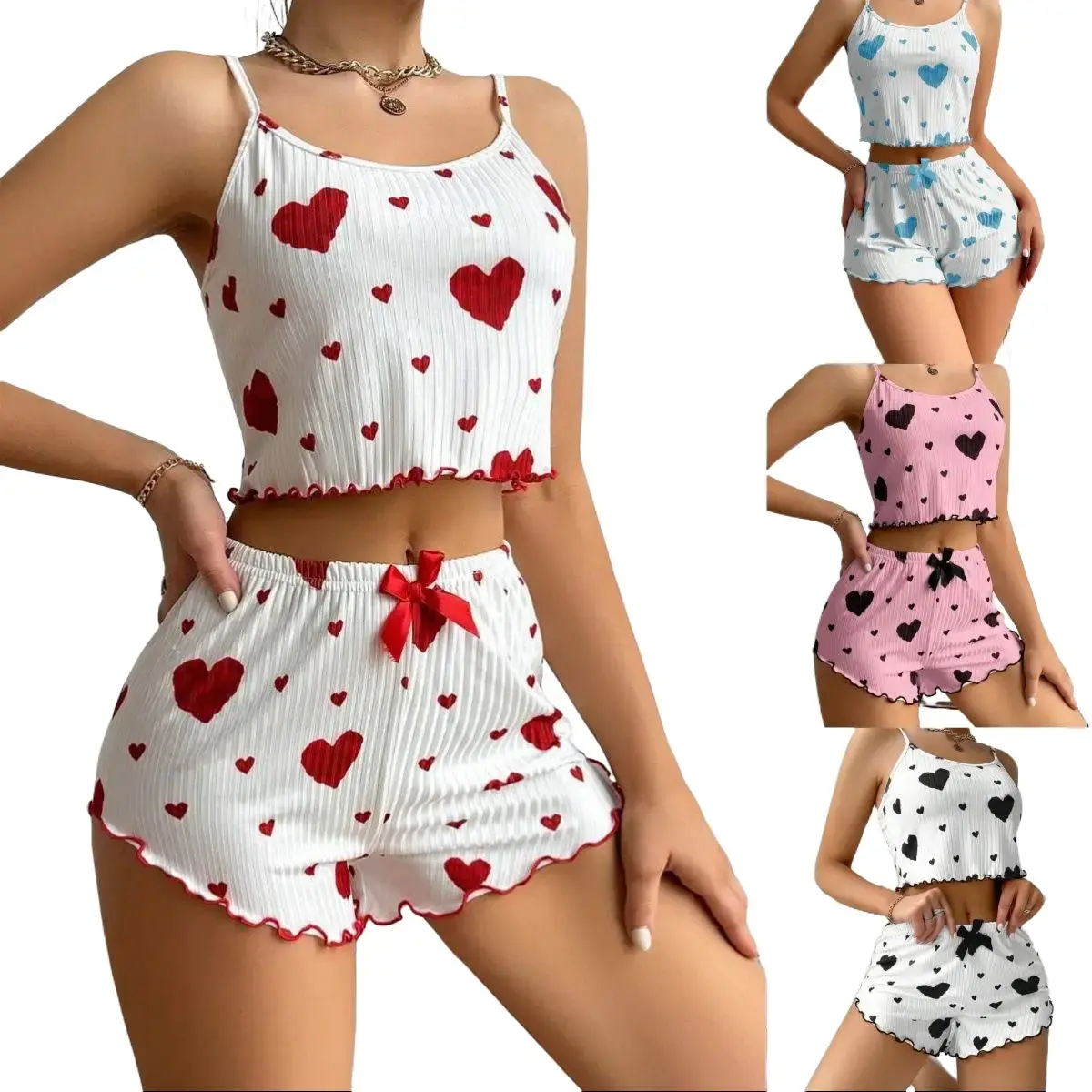 Women's Heart Print Ribbed Cami & Shorts Pajamas Set – Cute & Comfy Sleepwear, Stretchy Lounge Set, Machine Washable Womenswear
