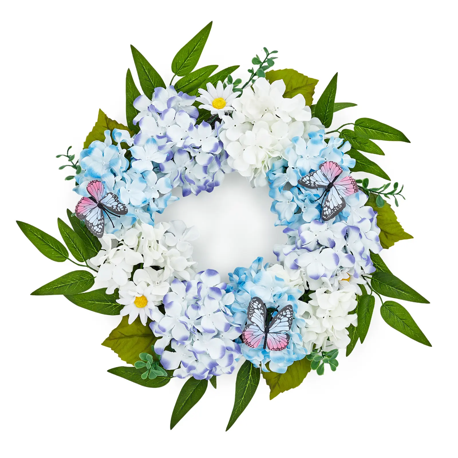 Spring Wreaths for Front Door, 20" Blue White Hydrangea Wreath with Bufferfly Disies Artifiical Floral Wreath for Farmhouse Porch Wall Window Wedding Decor