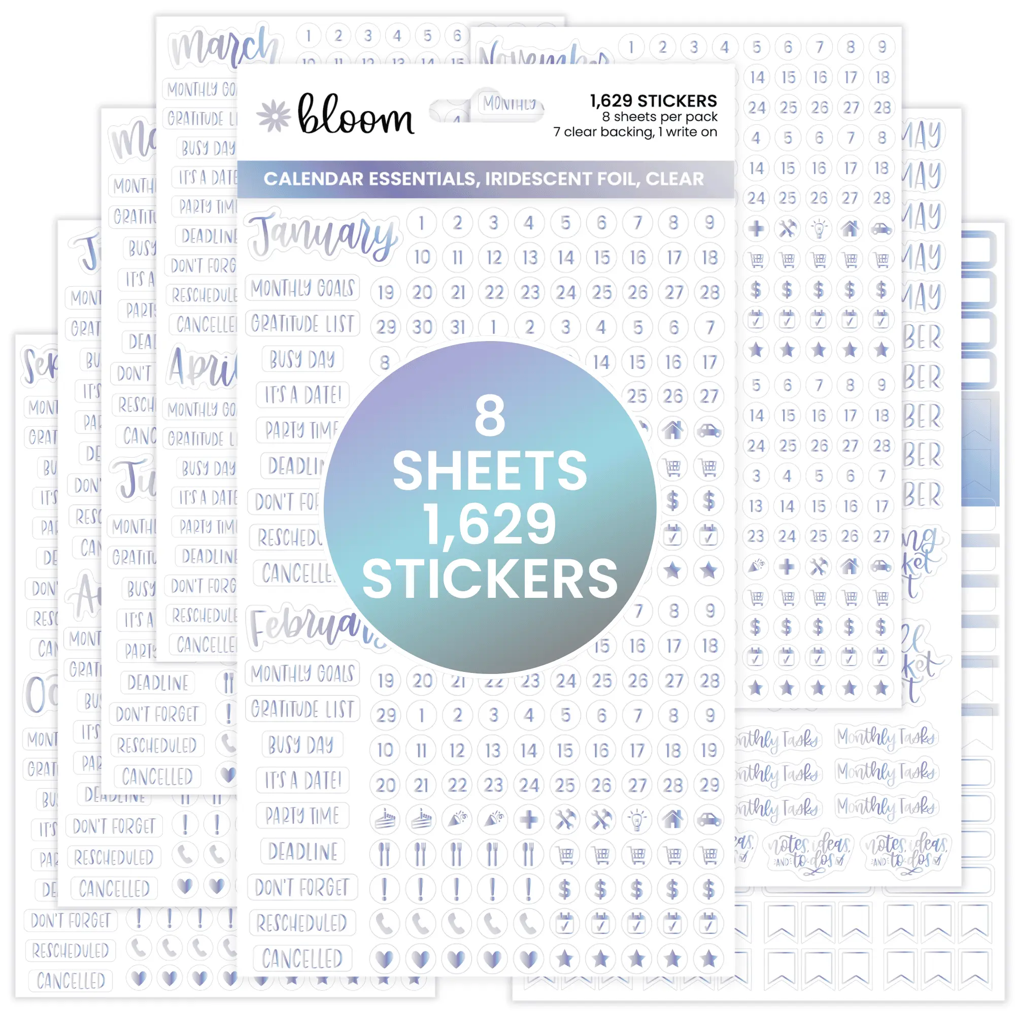 Planner Stickers | Calendar Essentials | Iridescent Foil on Clear
