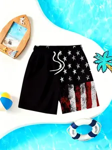American Flag Pattern Boys' Beach Shorts, Summer Casual Swim Trunks, Short Quick-Dry Design, Cute Loose-Fitting All over Print