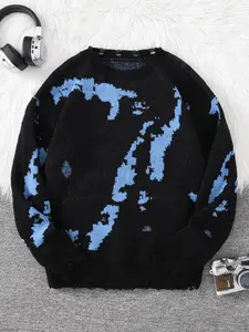 New Fashion Fall Winter Street Style Ripped Abstract Pattern Casual Cozy Pullover Sweater, Casual Round Neck Knitwear for Men & Women