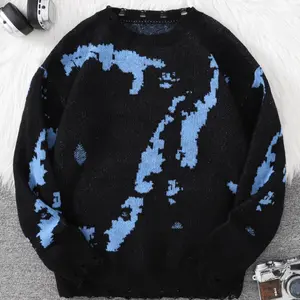 Men's Random Pattern Ripped Design Drop Shoulder Jacquard Knitted Sweater, Fashion Casual Long Sleeve Round Neck Jumper for Fall & Winter, Fashion Men's Knitwear for Daily Wear