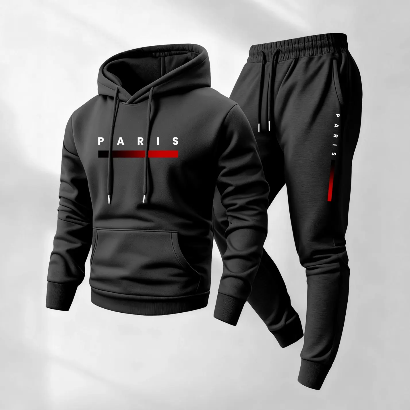 Men's Paris Printed 2-Piece Hoodie & Drawstring Sweatpants Set - Athletic Activewear Tracksuits, Sporty Style Gym Streetwear, Long Sleeve Fall Winter Casual Workout Loungewear