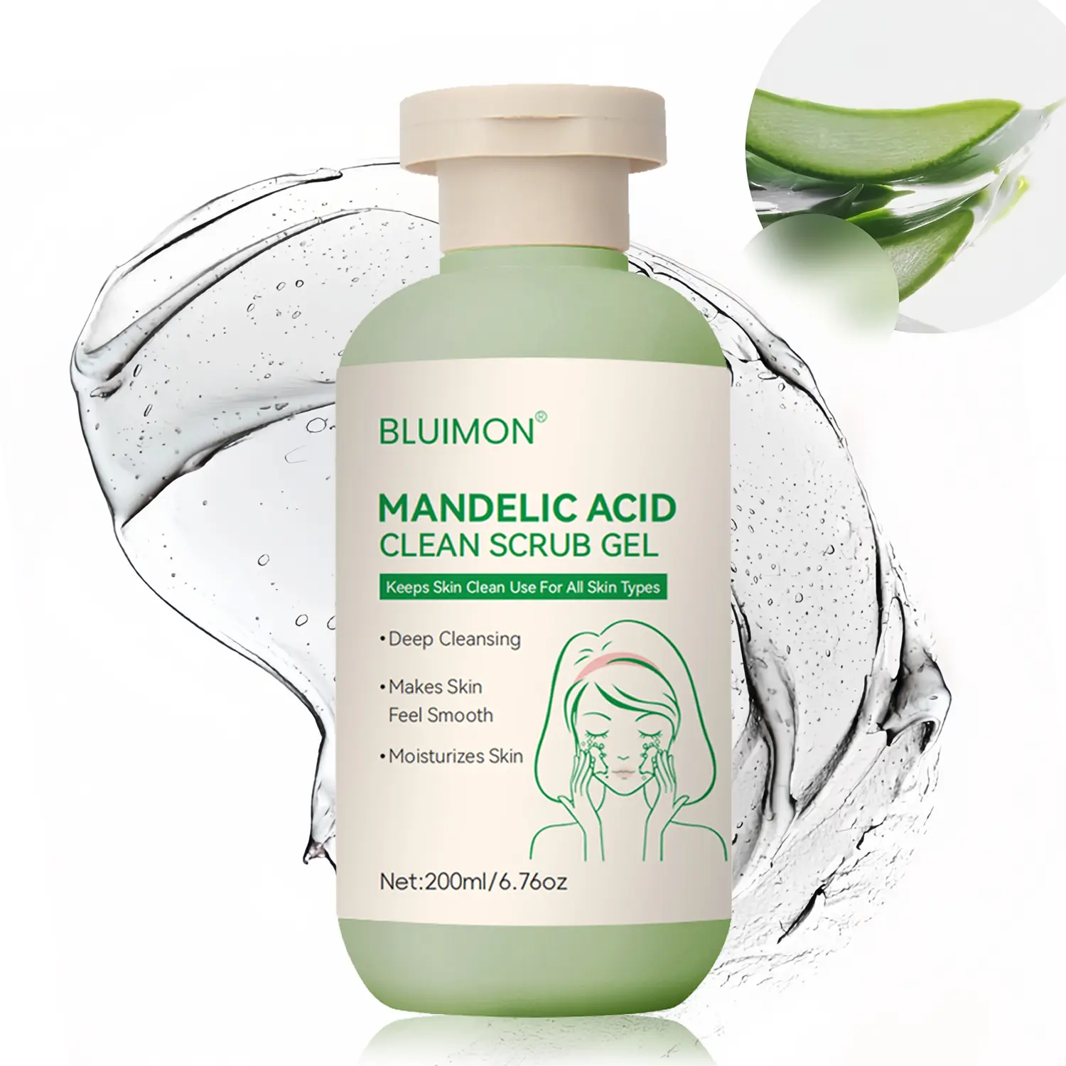 Bluimon Plant-Infused Mandelic Acid Facial Scrub Gel - Hypoallergenic Gentle Exfoliating Cleanser, Daily Hydrating Deep Blackheads Remover for All Skin Types, 200ml Radiant Skin Care Boost