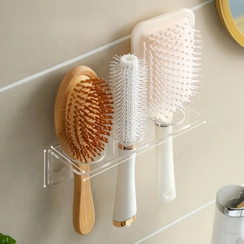 1pc Acrylic Plastic Bathroom Comb Holder, Wall-Mounted No-Drill Storage Rack For Vanity, Bathroom Accessory, Clear Transparent Organizer For Hair Brushes And Toiletries