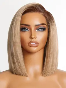 Ombre Ash Blonde Bob Wig Human Hair 200% Density Dark Roots Ash Blonde Straight Bob Wigs Pre Plucked 13x4 HD Lace Colored Bob Wig for Women