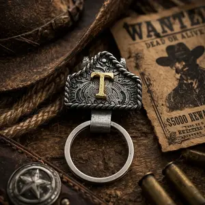 Vintage Western Cowboy Letter Keychain,Handmade Metal T Initial Key Chain Clip,Personality key holder for Pocket&Bag