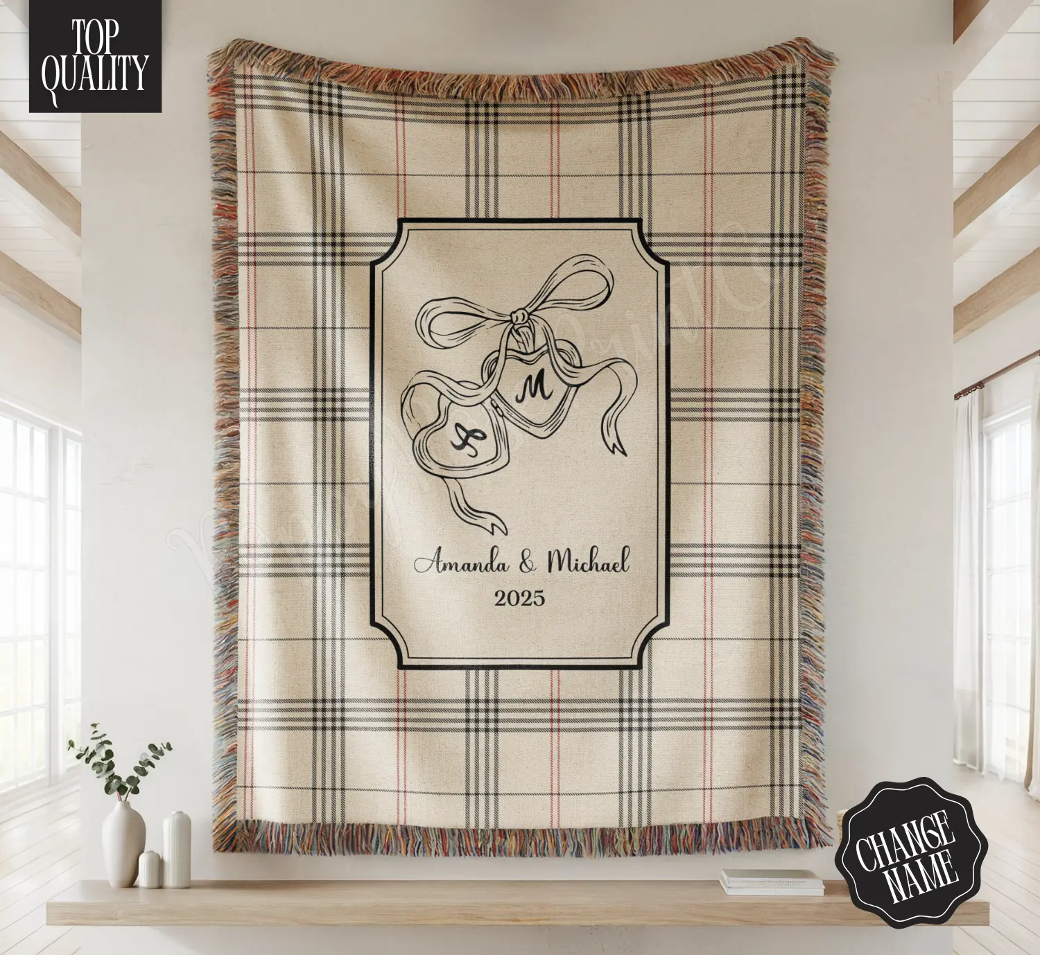 PoppyRosePrintCo Custom Name Couple Blanket Marriage Blanket Personalized Wedding Gift 100% Cotton Soft Durable Machine Washable Keepsake