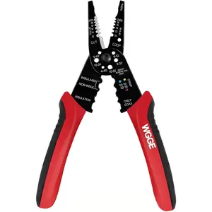 WGGE WG-015 Professional 8-inch Wire Stripper/Crimping Tool, Cable Cutter/Crimper, Wiring and Multi-Function Hand Tool, Red With Black