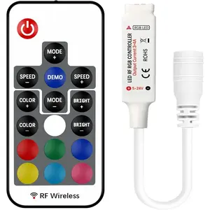 VIPMOON 17-Key RF Wireless Remote LED Controller, DC 5V-24V 12A Mini 4-Pin RGB Controller for 5050 3528 5630 LED Strip Lights
