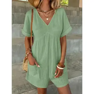 Women's Solid Color V Neck Wide Leg Romper, Casual Comfy Short Sleeve Romper for Spring & Fall, Women's Clothes for Daily WearRAIMENTRY
