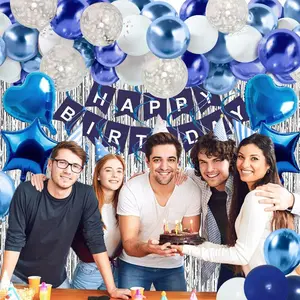 Happy Birthday Letter BalloonSet Blue Silver Rose Gold Party Decor with Foil Curtain Heart Shaped Metallic Latex Confetti Balloons for Boyfriend's Gift Summer Home Decor Baby Shower balloon kit