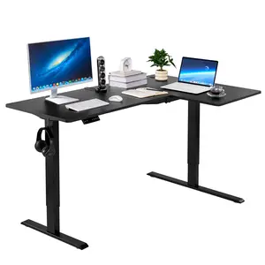 【FathersDayGift】VEVOR L Shaped Desk, Electric Adjustable Height Corner Gaming Desk with Dual Hooks, Heavy Duty Carbon Steel L-Shaped Computer Table with Power Strip for Home, Office, Dorm, Easy to Assemble, Black