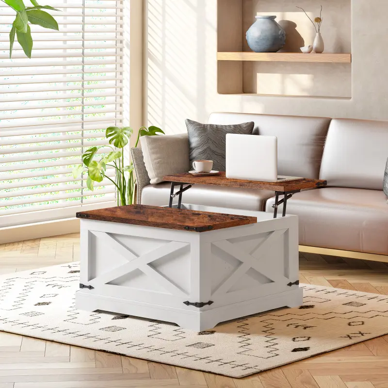 Bellemave 31.5x31.5in Lift-Top Barn-Style Coffee Table - Vintage White Wood Grain Multi-Functional Modern Furniture, Child-Friendly Living Room Center Table with Hidden Compartments, Barn Doors, Barn-Style Coffee Tables