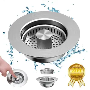 Upgraded 3-in-1 Kitchen Sink Drain Strainer, Stainless Steel Sink Plug, Deodorizing Anti-Clog Basket Strainer for US Standard 3-1/2 Inch Drains