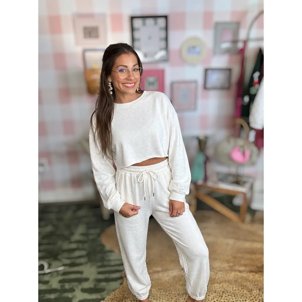 White Rhinestone Fleece Lounge Set